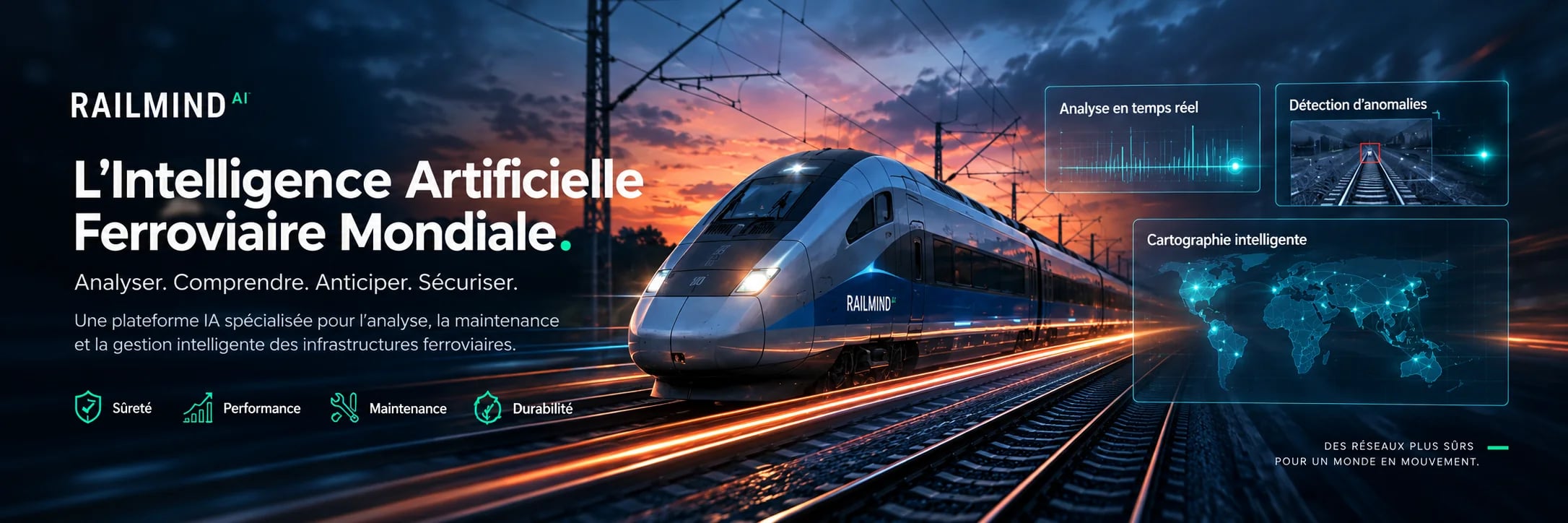Train à grande vitesse RAILMIND au crépuscule avec panneaux d'analyse en temps réel, détection d'anomalies et cartographie intelligente.