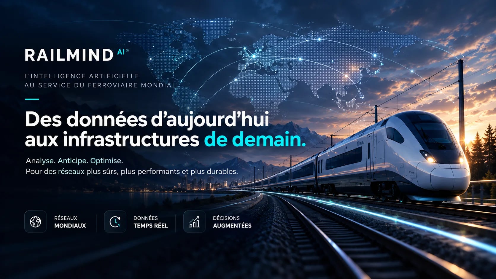 RAILMIND, l'intelligence artificielle au service du ferroviaire mondial : des données d'aujourd'hui aux infrastructures de demain. Réseaux mondiaux, données temps réel, décisions augmentées.