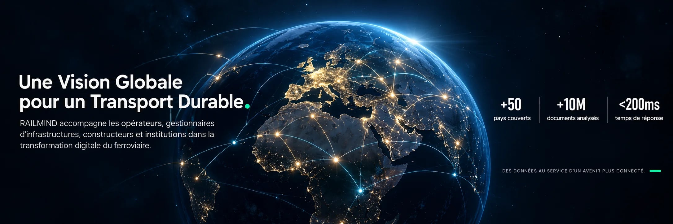 Globe terrestre de nuit relié par des lignes lumineuses : une vision globale pour un transport durable.